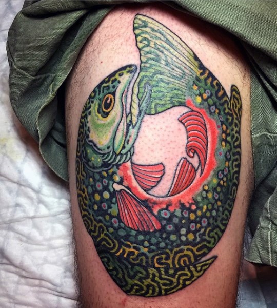 Big original colored unusual fish tattoo on thigh