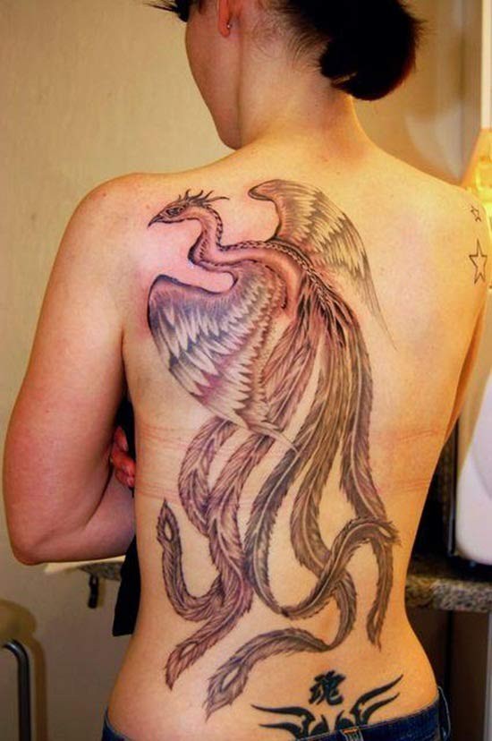 Big phoenix tattoo on whole back for women