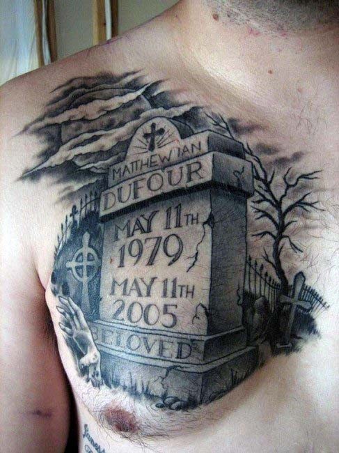 Big realistic black ink tomb stone with lettering tattoo on chest