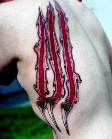 Big realistic looking colored animal scar tattoo on side