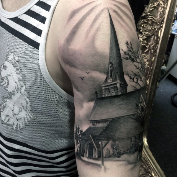 Big realistic looking old church tattoo on upper arm