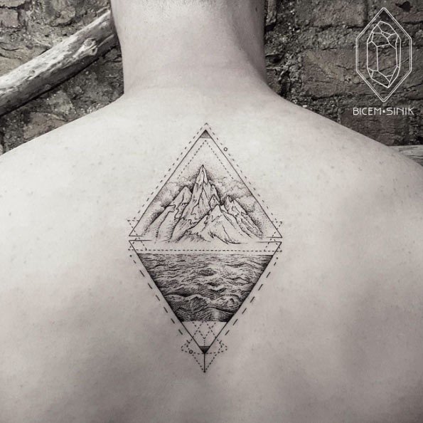 Big rhombus shaped black ink tattoo of high mountain with sea