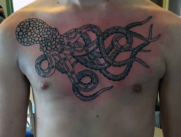 Big simple designed black ink octopus tattoo on chest