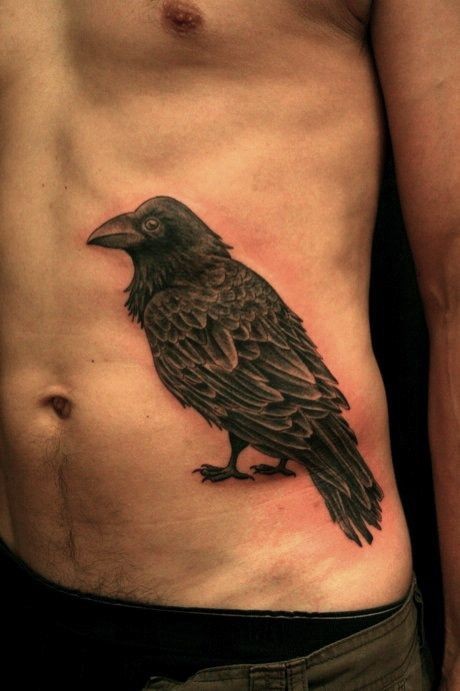 Big size detailed 3D realistic black crow belly tattoo in particular details