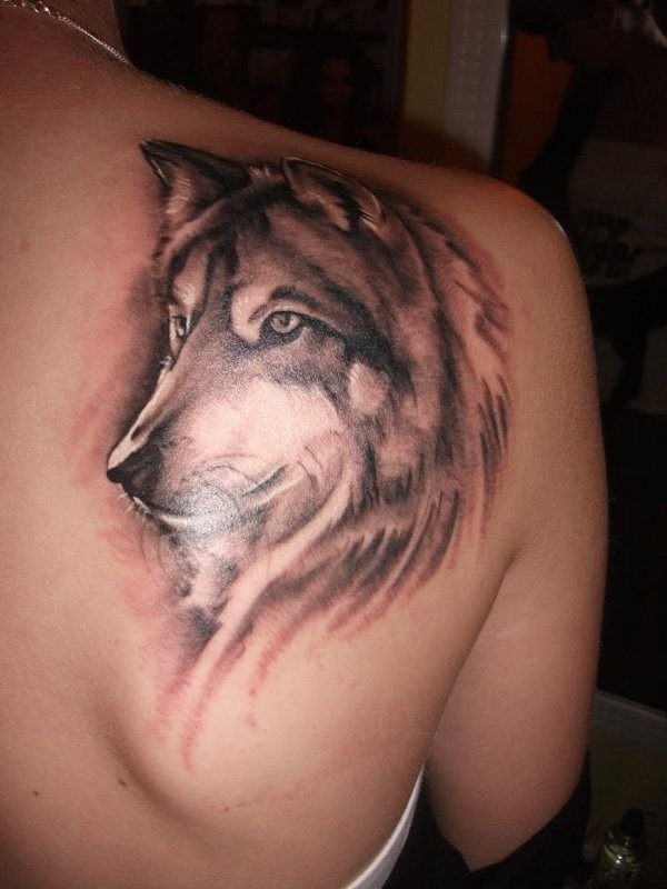 Natürliches realistisch aussehendes Wolfskopf Design Tattoo in großer Größe an der Schulter