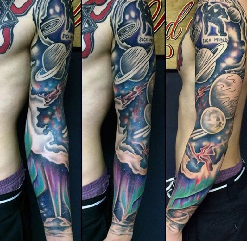 Big space themed colored sleeve tattoo on arm with lettering