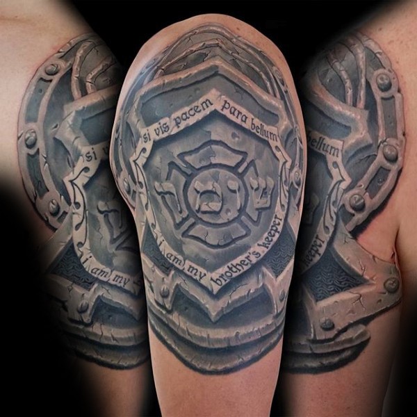 Big stonework style shoulder tattoo of amazing symbol