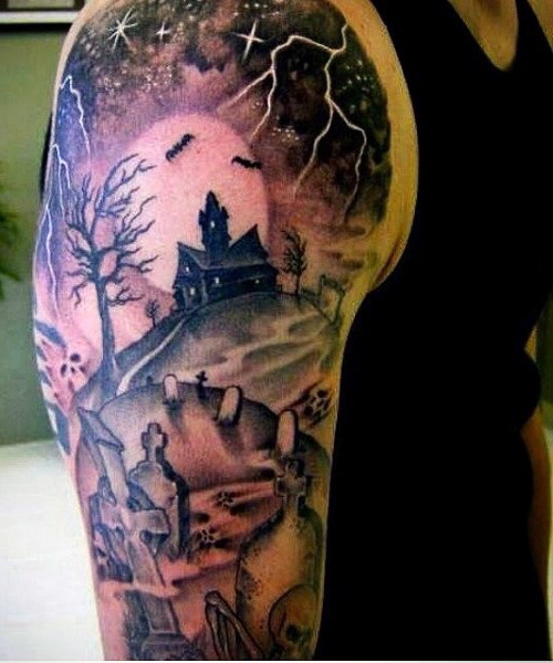 Big terrifying colored mystical church tattoo on shoulder with cemetery and bats