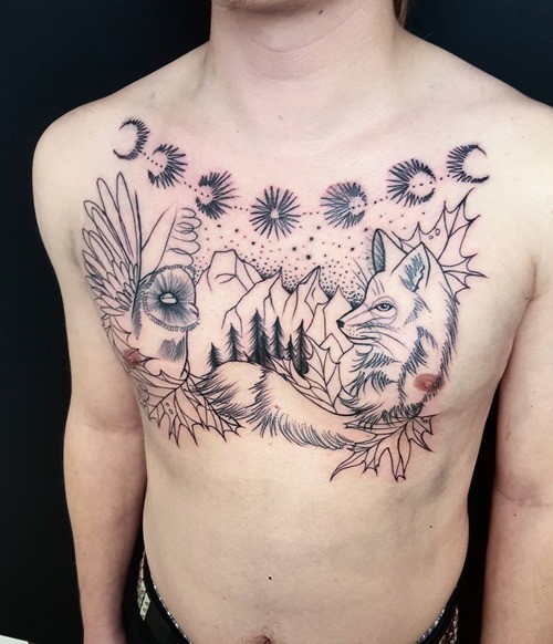 Big uncolored fox tattoo on chest combined with mountains, stars and leaves
