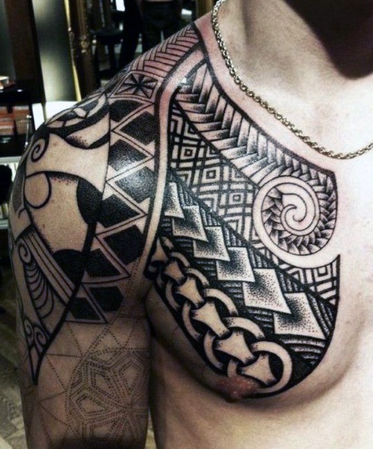 Big unfinished black ink Polynesian tattoo on chest and shoulder