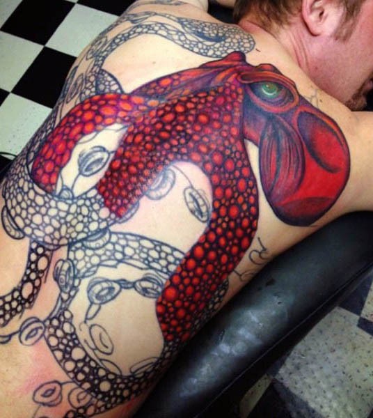 grande meta colorato infinito polipo tatuaggio pieno di schiena