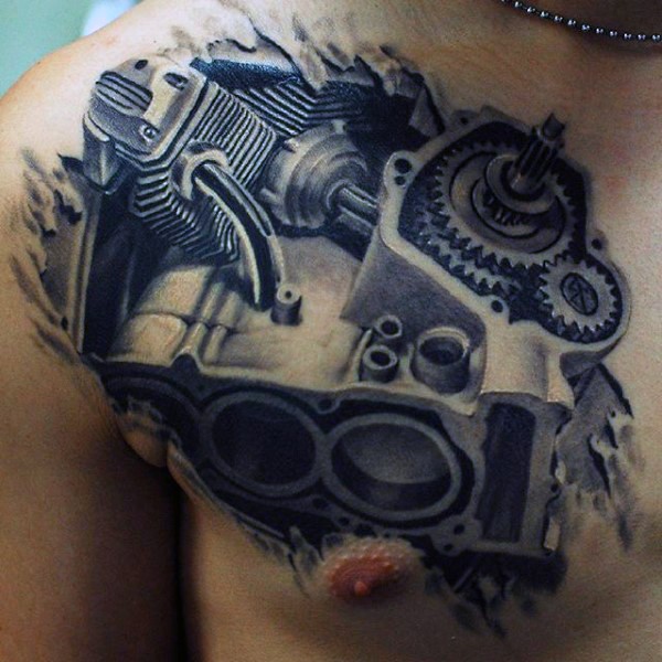 Big very detailed chest tattoo of car engine parts