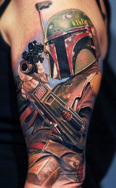 Big very detailed colorful half sleeve tattoo of Boba Fett