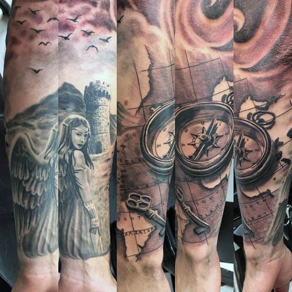 Big very detailed fantasy tattoo with nautical man, key, compass and angel on sleeve