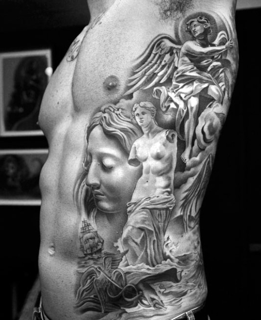 Big very detailed various antic statues tattoo on side