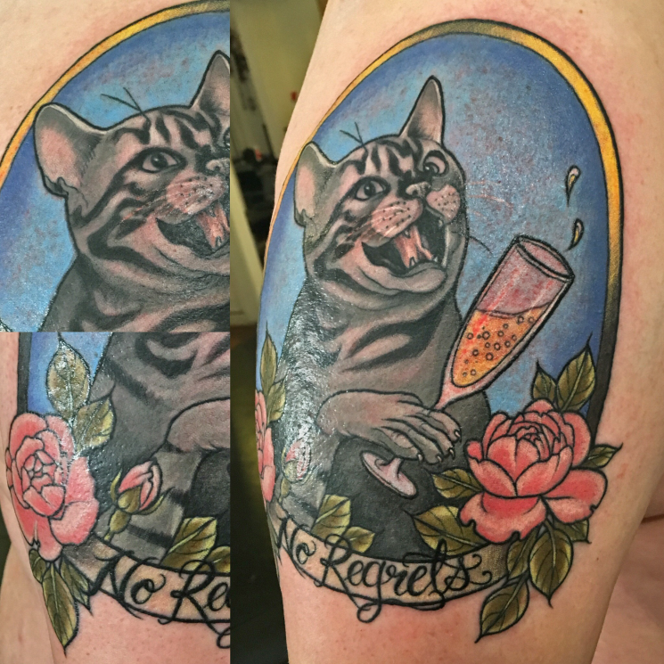 Big vintage style colored tattoo of cat portrait with lettering and roses
