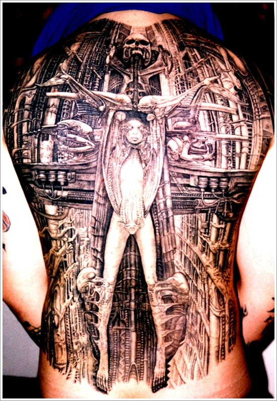 Biomechanical man tattoo on whole back