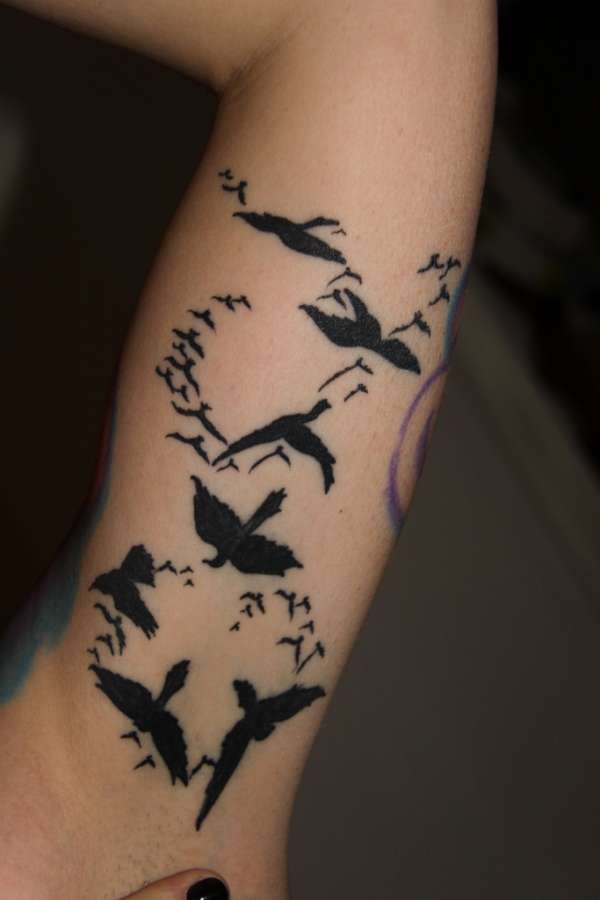Tatuaje en el antebrazo,
bandada de aves de color negro