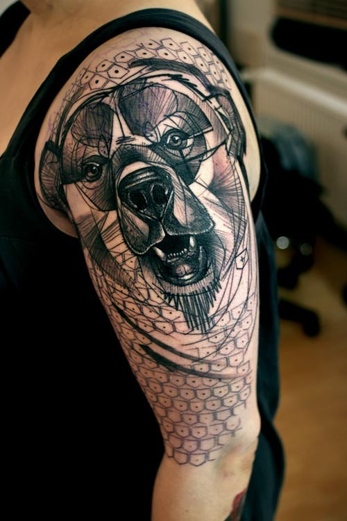 Black and gray geometric bear tattoo on half sleeve