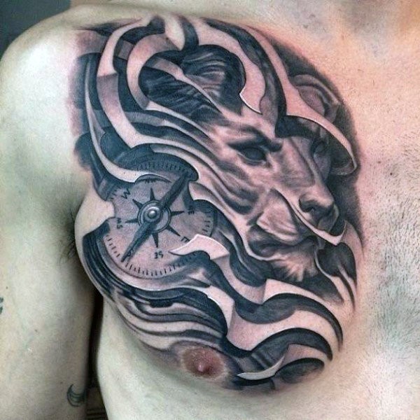 Estilo preto e cinza incrível tatuagem no peito de leão místico com bússola
