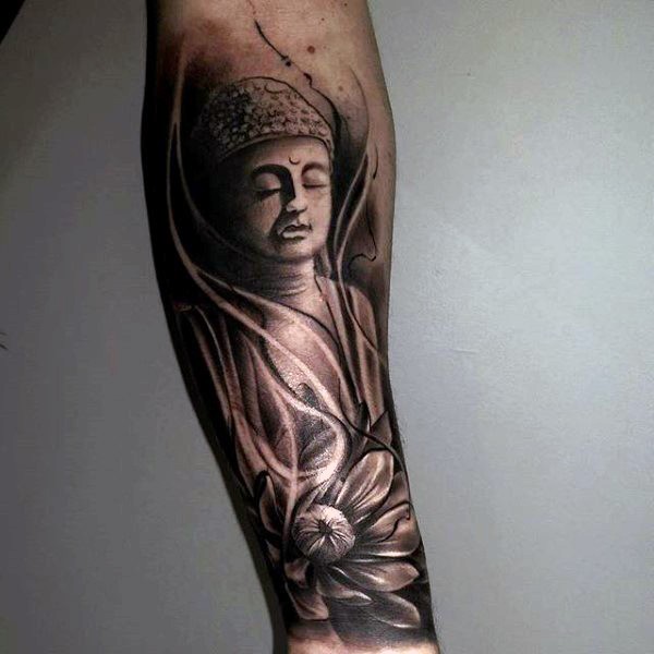 Black and gray style amazing looking Buddha statue with lotus on forearm