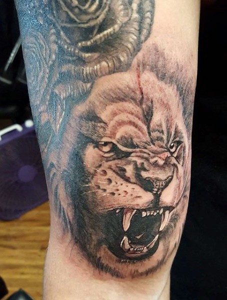 Schwarzer und grauer Stil Arm Tattoo von Löwenkopf