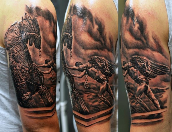 Black and gray style awesome looking shoulder tattoo of Icarus with wooden horse
