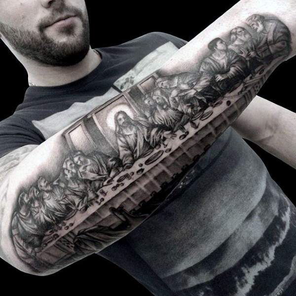 Black and gray style big forearm tattoo of the Last Supper picture