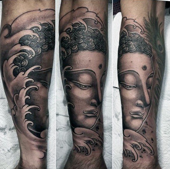 Black and gray style big forearm tattoo of Buddha statue
