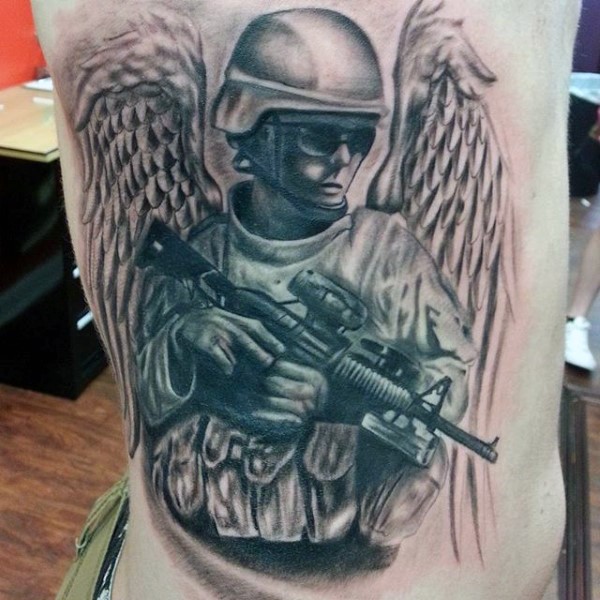 Black and gray style big memorial side tattoo of American soldier angel