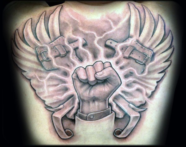 Black and gray style colored back tattoo of lineman symbol with wings