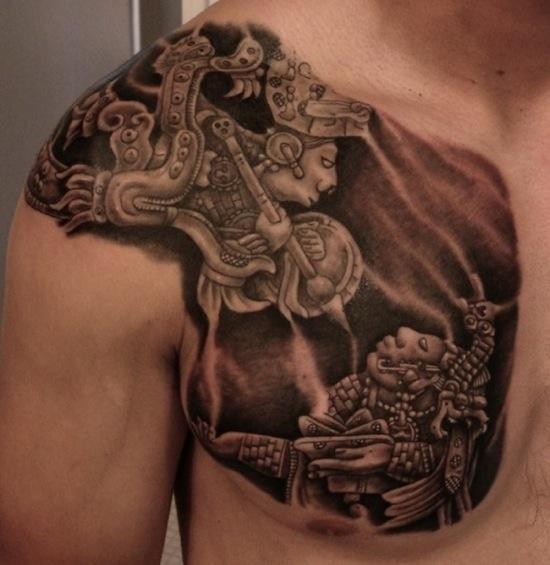 Black and gray style colored chest tattoo of antic gods statues