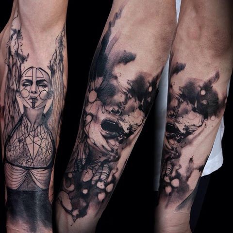 Black and gray style colored forearm tattoo of mystic woman face
