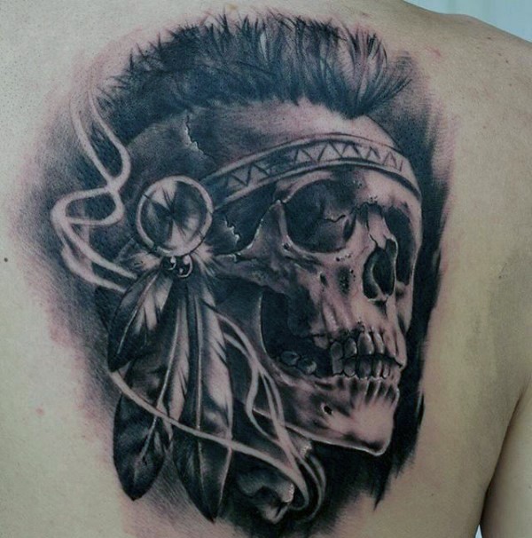 Black and gray style colored scapular tattoo of Indian skull