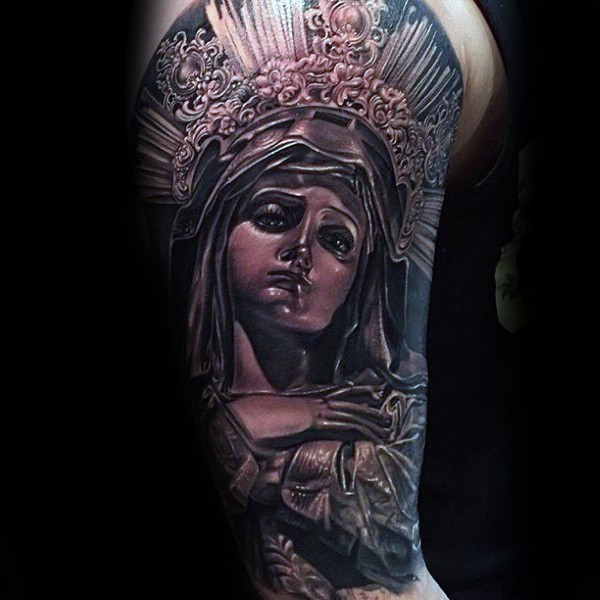 Black and gray style colored shoulder tattoo of saint woman statue