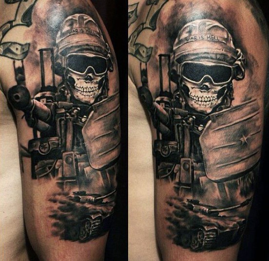 Black and gray style colored shoulder tattoo of modern military soldier with machine gun
