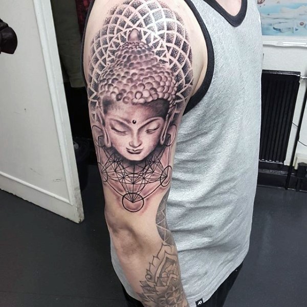 Black and gray style colored shoulder tattoo of Buddha statue with ornaments