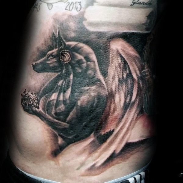 Black and gray style colored side tattoo of ancient Egypt God