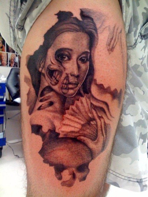 Black and gray style colored tattoo of geisha woman with fan