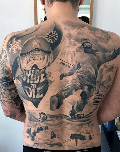 Black and gray style colored whole back tattoo of man with snowboard and mountains