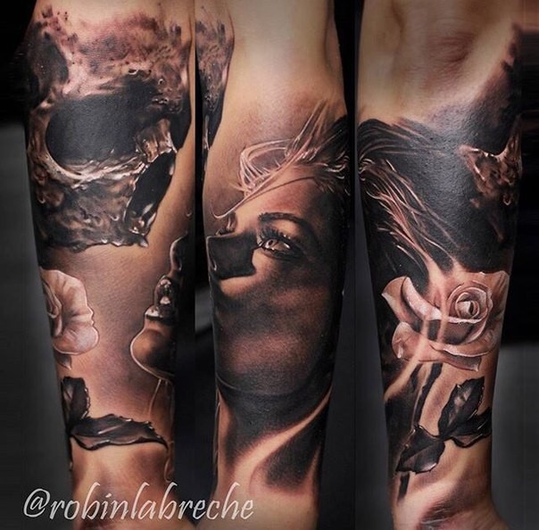 Black and gray style detailed arm tattoo of beautiful woman with skull and rose
