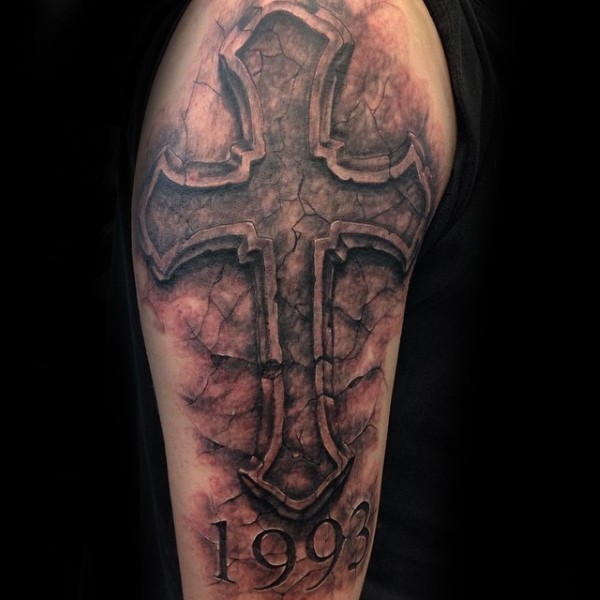 Black and gray style detailed big stone cross with lettering