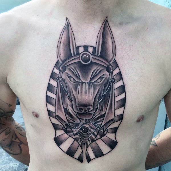 Black and gray style detailed chest tattoo of Egypt God