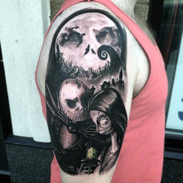 Black and gray style detailed horror cartoon heroes tattoo on shoulder