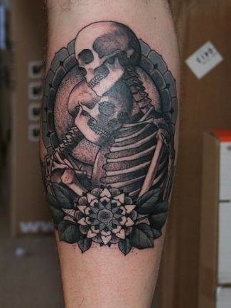 Black and gray style detailed leg tattoo of skeleton couple with flowers