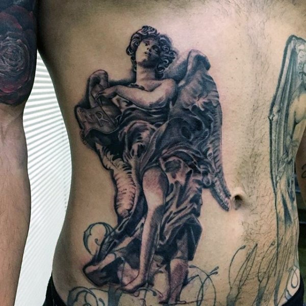 Black and gray style detailed looking side tattoo of angel statue
