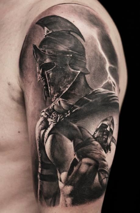 Black and gray style detailed shoulder tattoo of antic warrior
