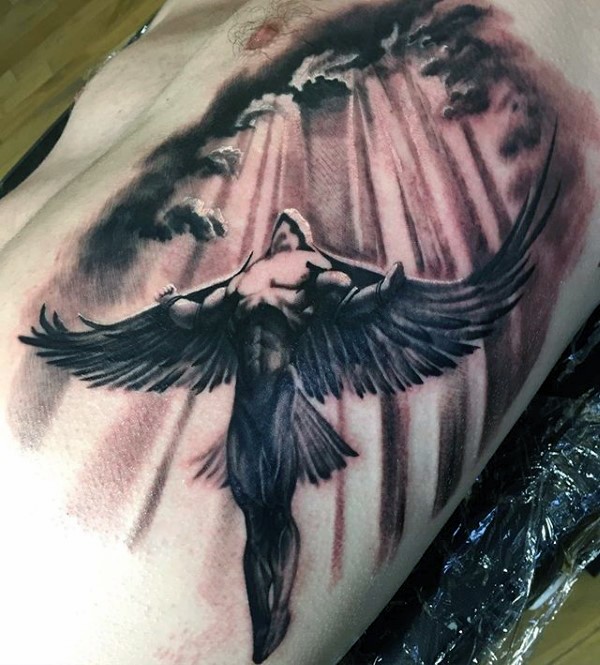 Black and gray style detailed side tattoo of Icarus with sun and clouds