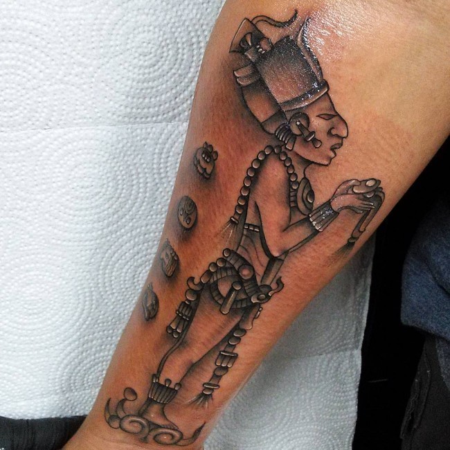 Black and gray style forearm tattoo of ancient statue