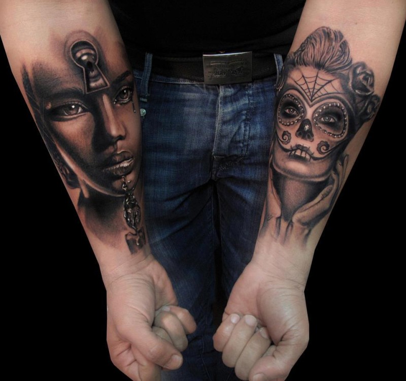 Black and gray style gorgeous looking forearm tattoo of mystical women with masks
